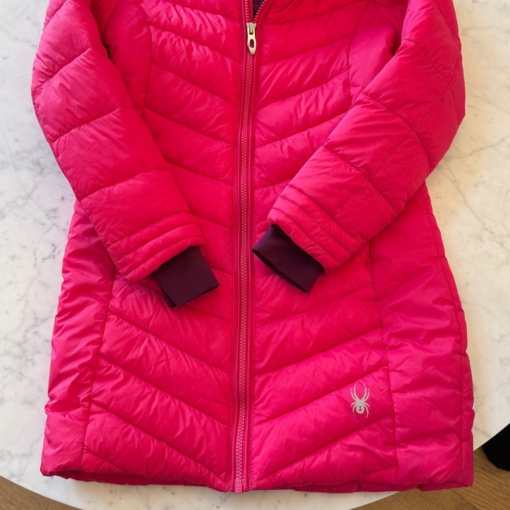 Spyder Girls Pink Puffer Jacket Size 10/12 Hooded Winter Ski Coat - Picture 3 of 5